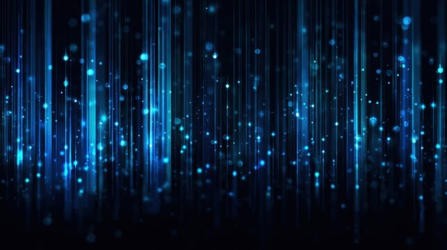 Vertical Blue Light Streams with Glowing Particles on Abstract Background