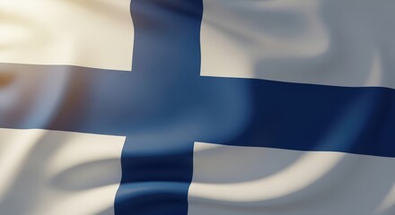Obraz premium Close-up of Finnish Flag with Blue Cross on White Background in Wind