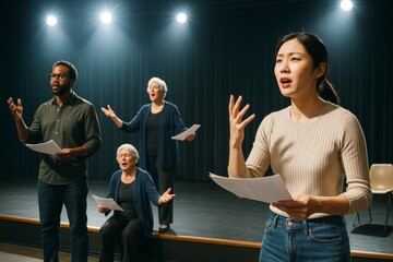 Group of diverse adults passionately rehearsing a dramatic scene on a theater stage under spotlights as part of a performing arts hobby class. Ai generative