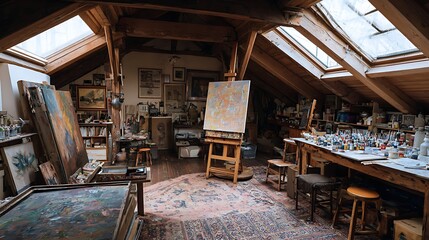 A spacious, sunlit art studio filled with paint supplies, canvases, and wooden furniture, creating a warm, creative atmosphere.