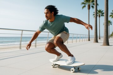 Young man skateboarding by the beach in casual summer outfit under bright daylight, enjoying active outdoor hobby on a smooth coastal pathway. Ai generative