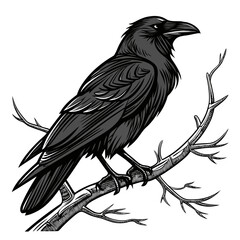 Obraz premium Raven perches on a branch, isolated on white background, detailed artwork