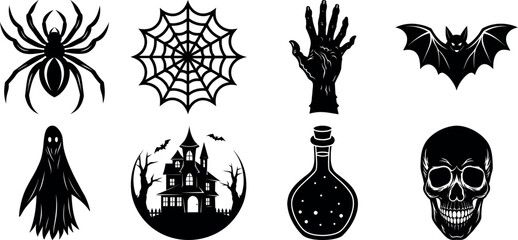 set of halloween element silhouette collection. Black and white vector. pmpkin, ghost, cat, horror house, witch, owl, raven bird, spider, witch hat