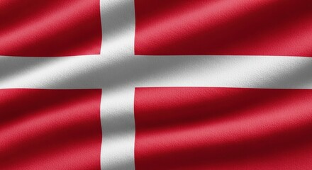 Denmark Flag Waving in Wind with Red and White Colors on Fabric
