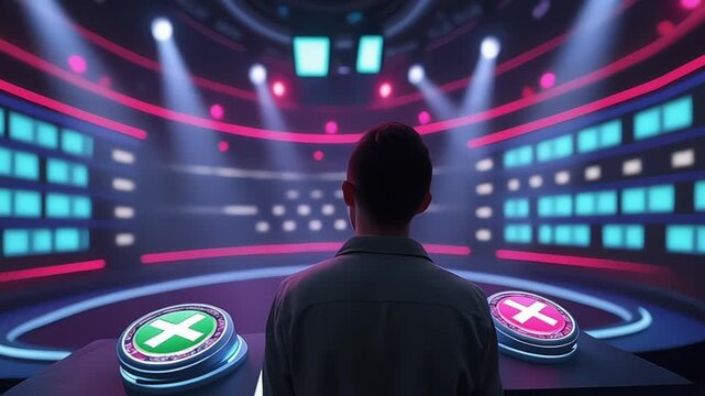 Contestant stands before buzzers on vibrant game show set ready for action