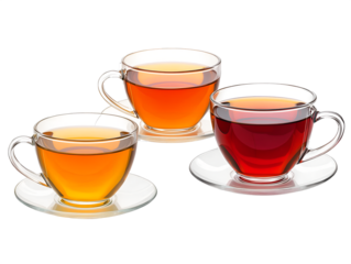 Three vibrant cups of tea showcasing a variety of colors, each resting gracefully on its own plate, inviting warmth and comfort in a serene indoor setting , serving, collection, aromatic, inviting, ce