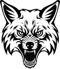 A fierce and aggressive wolf or coyote head with an intense snarl, a stylized black and white vector illustration for a sports team logo, brand mascot, or gaming design.