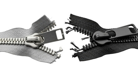 Obraz premium Broken silver industrial metal zipper with bent teeth and misaligned slider, intertwined with a black plastic zipper on a transparent studio background. Concept of product damage and defect analysis
