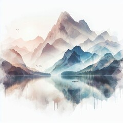 Silent lake holds mountains' whispered secrets. AI generated illustration