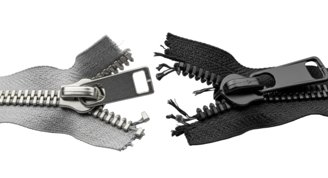 Broken silver industrial metal zipper with bent teeth and misaligned slider, intertwined with a black plastic zipper on a transparent studio background. Concept of product damage and defect analysis