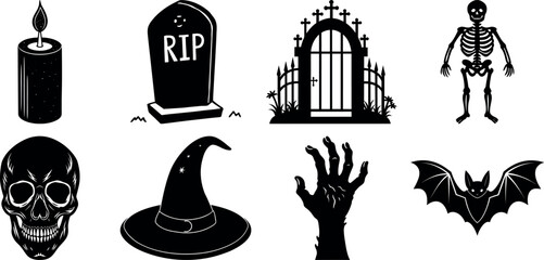 set of halloween element silhouette collection. Black and white vector. pmpkin, ghost, cat, horror house, witch, owl, raven bird, spider, witch hat