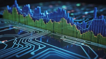 Blue green financial data graph on circuit board financial graph