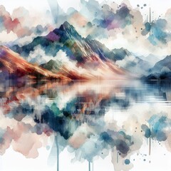 Idyllic mountain lake in soft watercolor hues. AI generated illustration