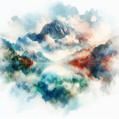 Calm Mountain Lake in Asian Art Style. AI generated illustration