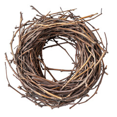 Empty bird nest twigs circle brown nature, isolated on a transparent background