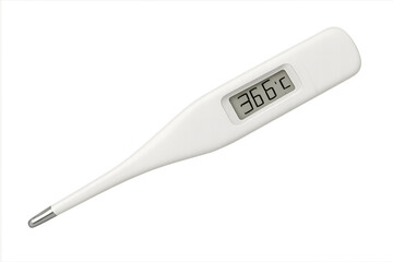 White digital clinical thermometer showing normal body temperature on transparent background