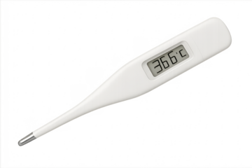 White digital clinical thermometer showing normal body temperature on transparent background