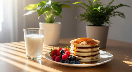 Sunlit Pancakes with Berries and Milk, A Simple Breakfast Arrangement on a Wood Table, Healthy Breakfast Spread with a Refreshing Glass of Milk