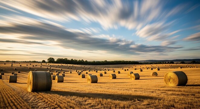 Golden hay bales scattered across a rural farm field with motion-blurred clouds from a long exposure at sunset.