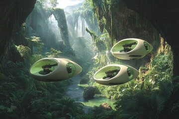 Futuristic drones equipped advanced sensors flying through a lush tropical rainforest to track and analyze endangered species for conservation efforts