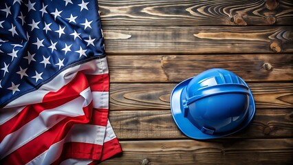 American flag and blue hard hat on wooden background