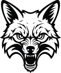 A fierce and aggressive fox head with bared teeth and intense eyes, a stylized black and white vector illustration perfect for a sports team logo, brand mascot, or gaming design.