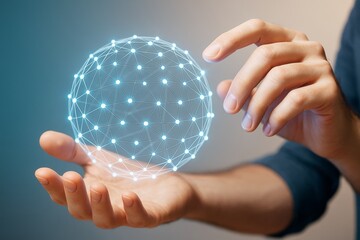 Digital network globe floating between human hands on soft gradient background, symbolizing technology and innovation concept in industry.