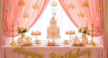 A princess themed birthday party table with cake, cupcakes, and decorations