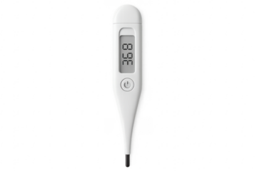 White digital medical thermometer showing high fever on transparent background
