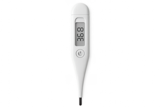 White digital medical thermometer showing high fever on transparent background