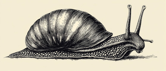 Detailed black and white illustration of a snail with realistic shell and body texture in an etching style, suitable for scientific publications, biology educational materials,  