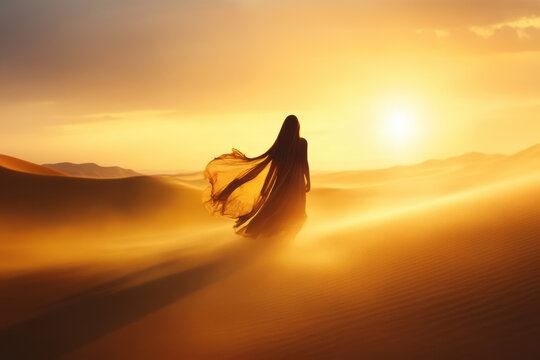 A mysterious silhouette of a woman veiled in flowing fabric glides through the desert at sunset. The peaceful landscape and setting sun create an ethereal, serene atmosphere.