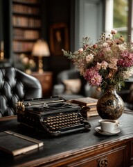 A vintage typewriter sits on a wooden desk next to a vase of flowers and a cup of coffee, with a leather chair and bookshelves in the background, evoking a sense of classic study