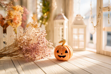 ハロウィン装飾とドライフラワーのナチュラル静物写真.Generative AI