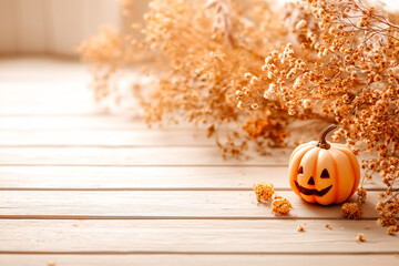 ハロウィン装飾とドライフラワーのナチュラル静物写真.Generative AI