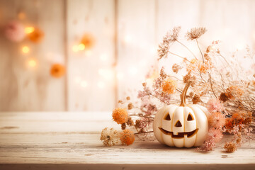 ハロウィン装飾とドライフラワーのナチュラル静物写真.Generative AI