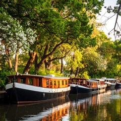 Fototapeta premium Houseboats moored along a tree-lined canal reflecting sunlight