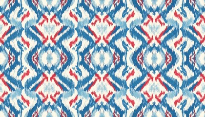 Ikat-inspired textile pattern in blue, red, and white; repeating diamond shapes