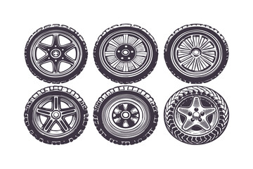 Car Wheels and Tires Vector Set. Detailed Alloy Rims and Tread Illustrations for Automotive Design