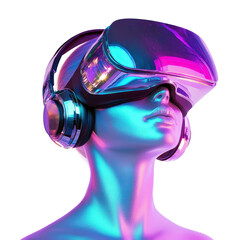 Woman in VR headset and headphones futuristic tech neon colors, isolated on a transparent background