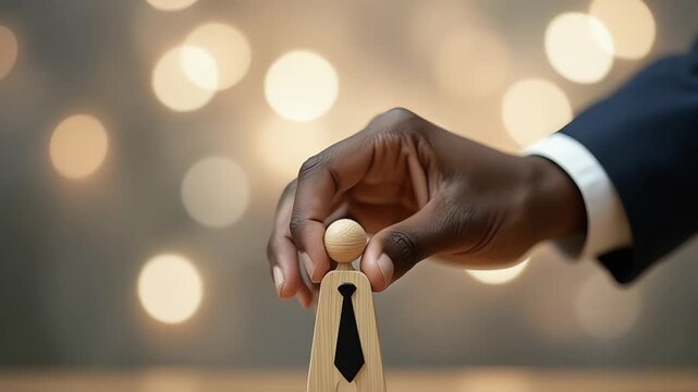 Hand selecting wooden figure with tie representing candidate selection process