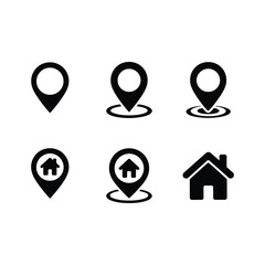 Set of black location and home pin icons, GPS symbol collection for maps, navigation, real estate, app design, and user interface.