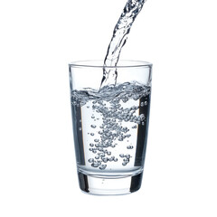 Water pouring into a glass bubbles rising refreshment, isolated on a transparent background