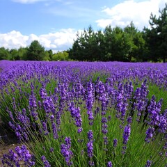 Obraz premium Lush lavender field under a partly cloudy sky