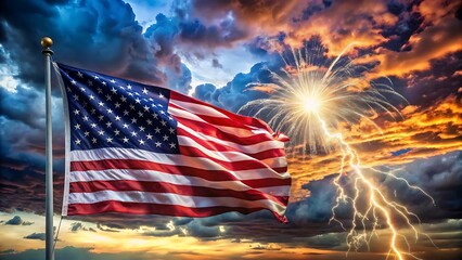 American flag waving with fireworks and lightning
