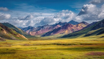 Obraz premium A vast, sunlit valley unfolds, nestled between vibrantly hued, majestic mountains under a partly cloudy sky. Golden grasslands stretch towards the foothills, creating a dramatic, serene landscape