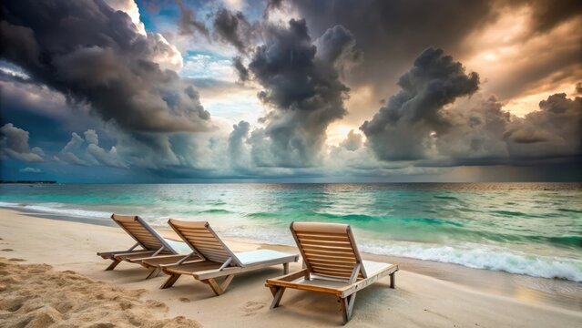 Photo of three empty lounge chairs sit on a sandy beach facing the turquoise ocean, with dramatic storm clouds gathering in the sky, creating a moody and atmospheric scene - Powered by Adobe