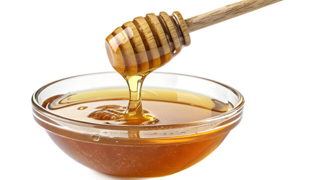 Golden honey drizzles from a wooden dipper into a crystal-clear bowl, highlighting its rich texture and sweetness enjoyed any time of day Generative AI