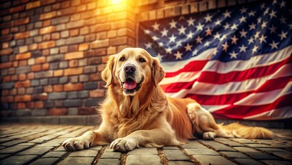 Golden retriever dog in front of american flag