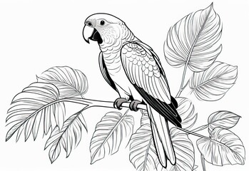 black-and-white illustration of a parrot perched on a branch, coloring page